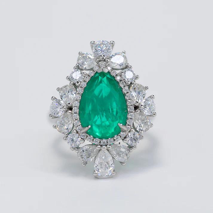 Micro-setting Square teardrop shape emerald color lab created stones Palace style ring #1149