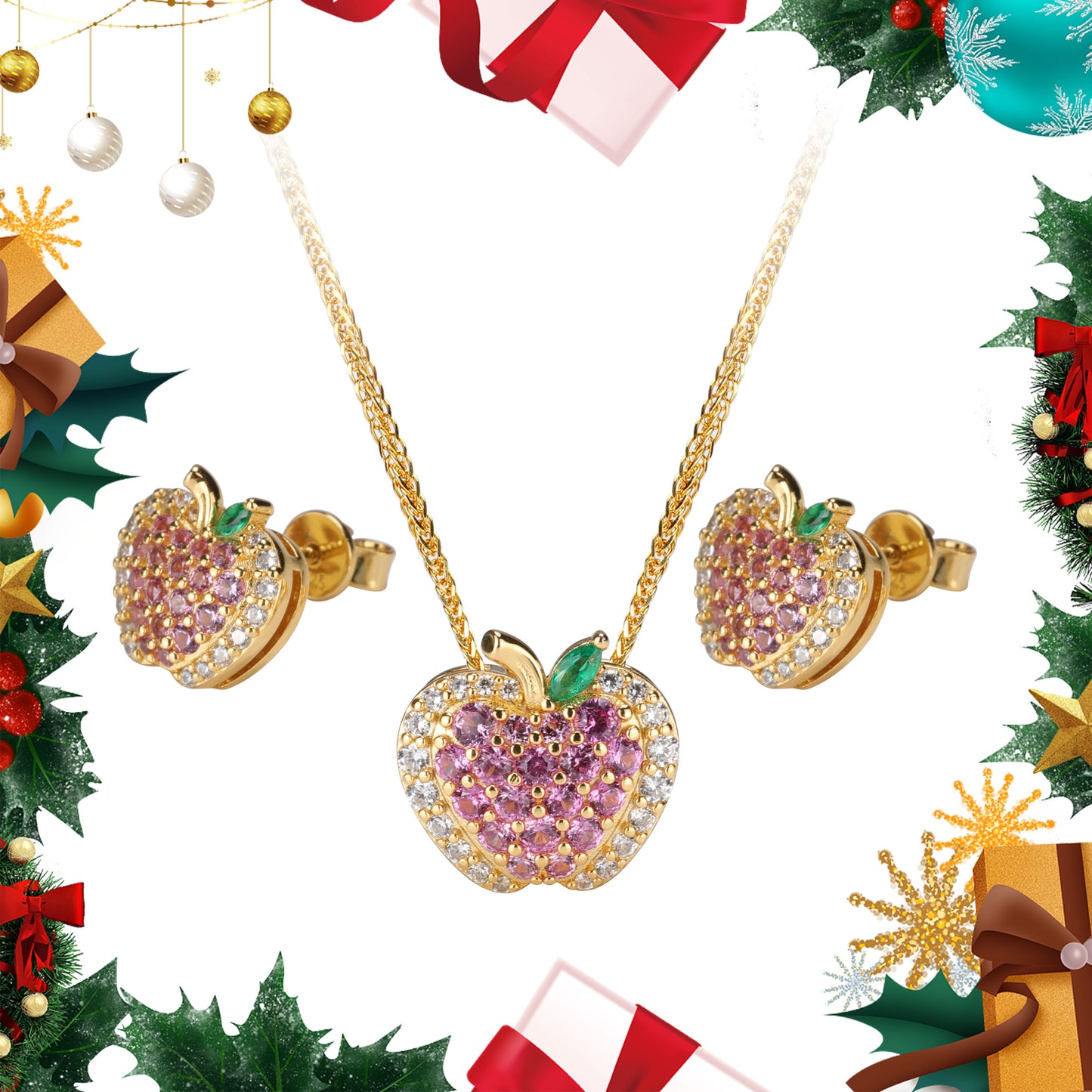 Christmas box:Lab Created Gemstones Pink Apple set(Necklace+Earrings) 925 sterling silver Plated with 18 karat gold-Bring gift box