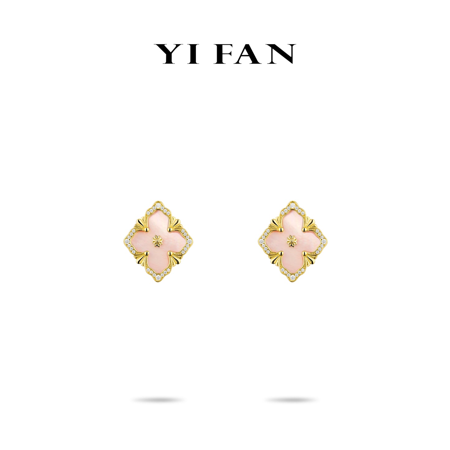 Golden time collection: Modern "Pink Mother-of-Pearl carved 4-petal Flower'detailed Pendant Earrings