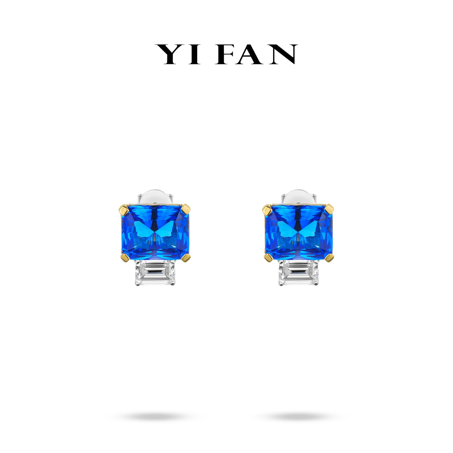 Lab Grown Sapphire collection: Luxury Mixed-cut "Sapphire in Emerald-cut" detailed Blue Earrings (Unisex) #3794
