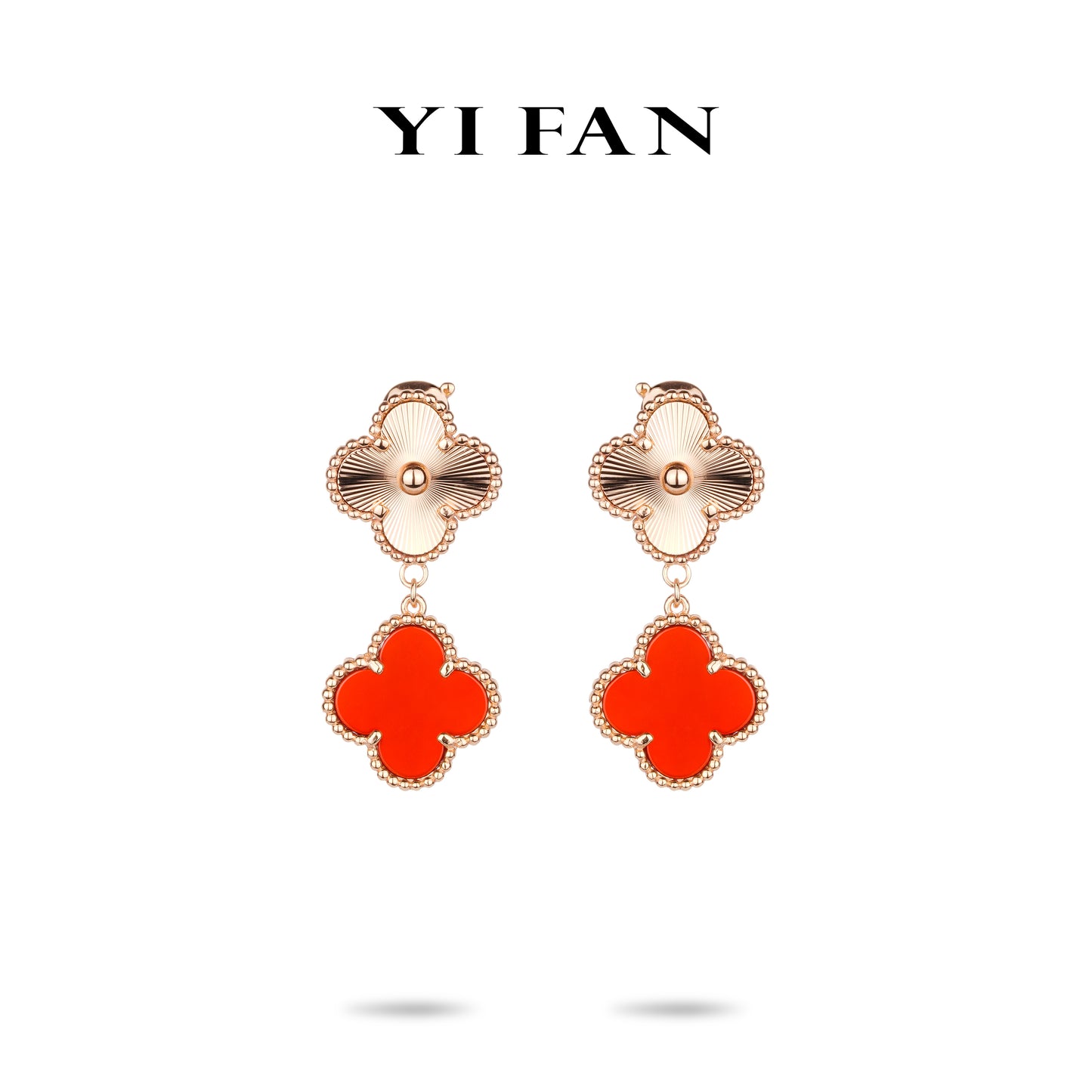 Four-leaf clover series: Modern Rose gold "Red lucky-clover" Double flower Earrings #828