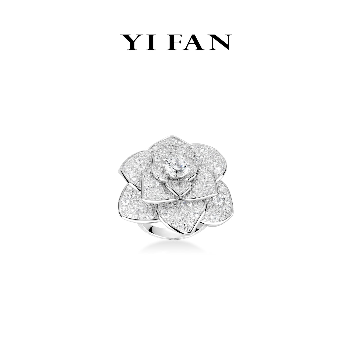#10139 Micro-setting Clear diamond color Lab created stones luxury Camellia ring, sterling silver
