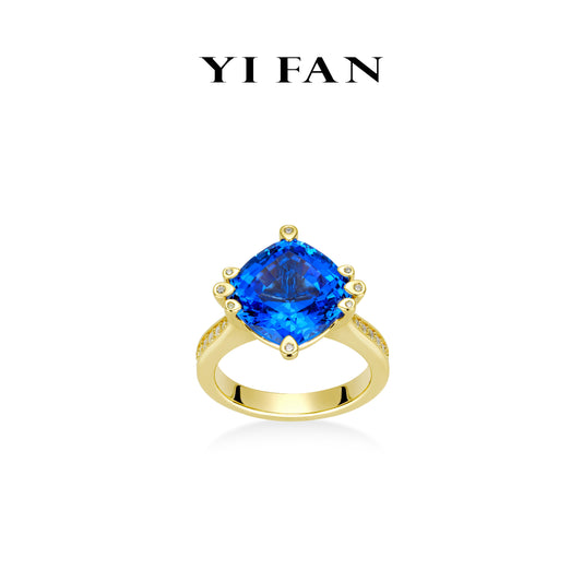 Lab Grown Spinel collection: Luxury Mixed-cut "Sapphire in Cushion-cut" detailed Blue Ring (Unisex) #10368 #22001