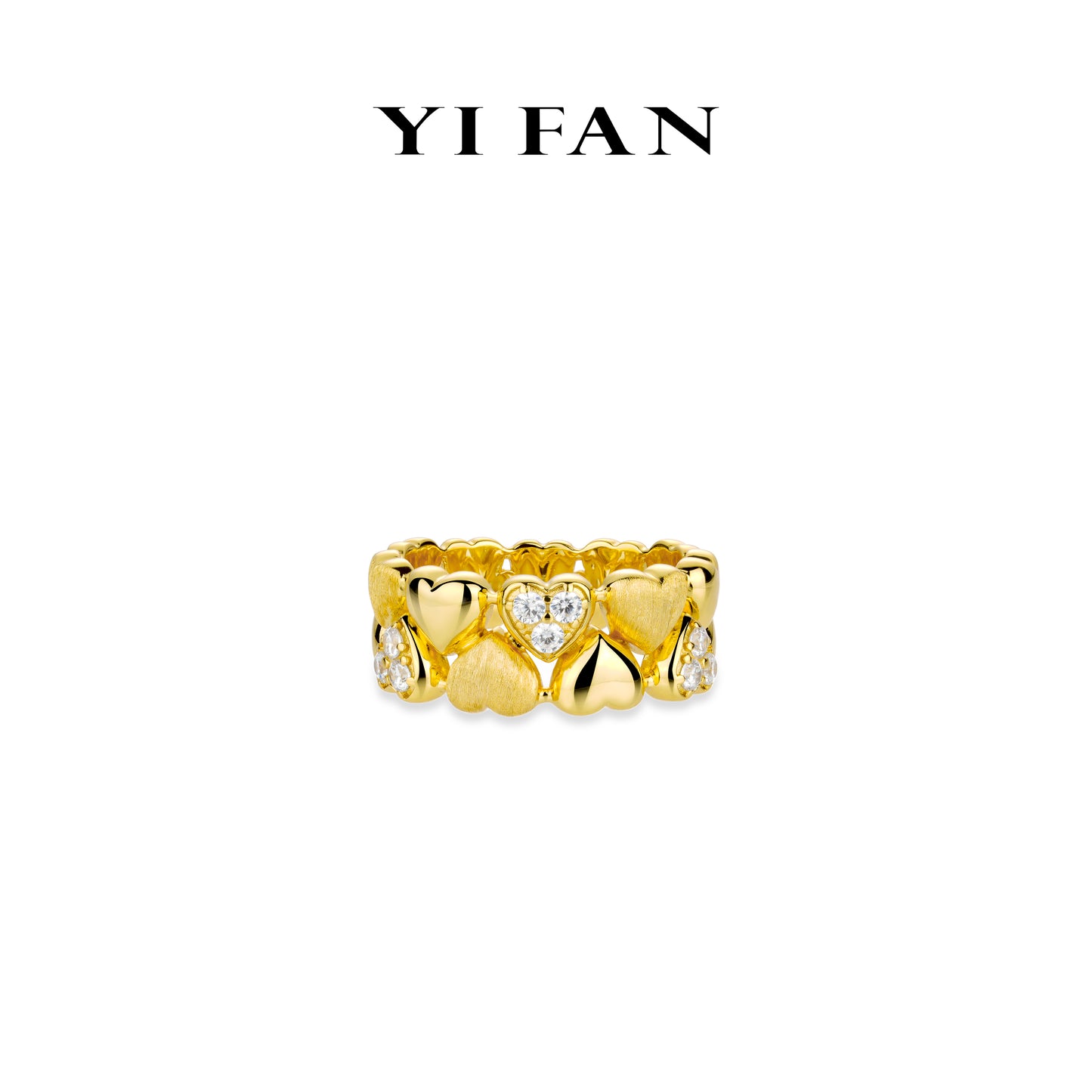 Golden time collection: 3 textures "Dazzling Brushed and Polished Hearts" Modern Ring #1658