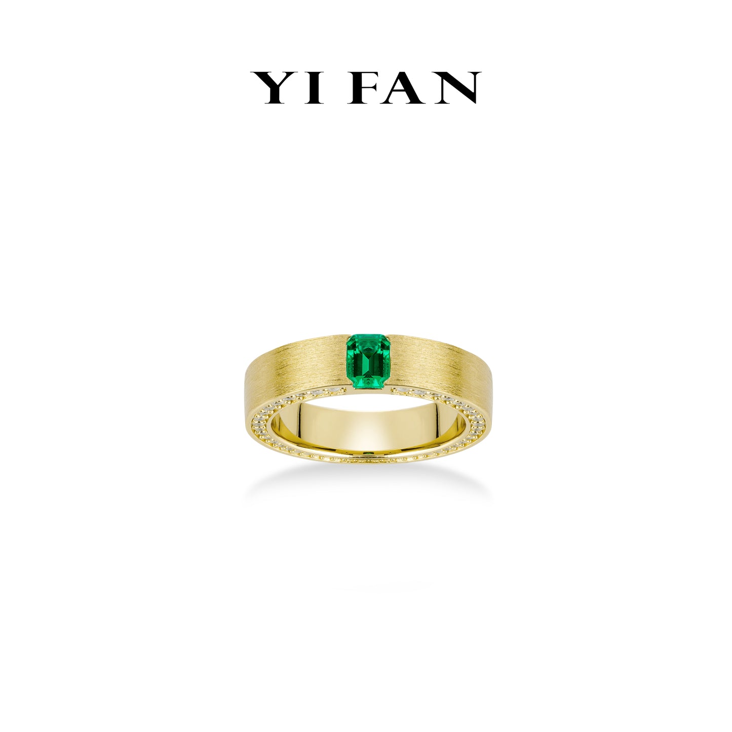 Lab Grown Emerald collection: Golden "Emerald-cut Ice Cube" detailed wide band Ring (Unisex) #1660