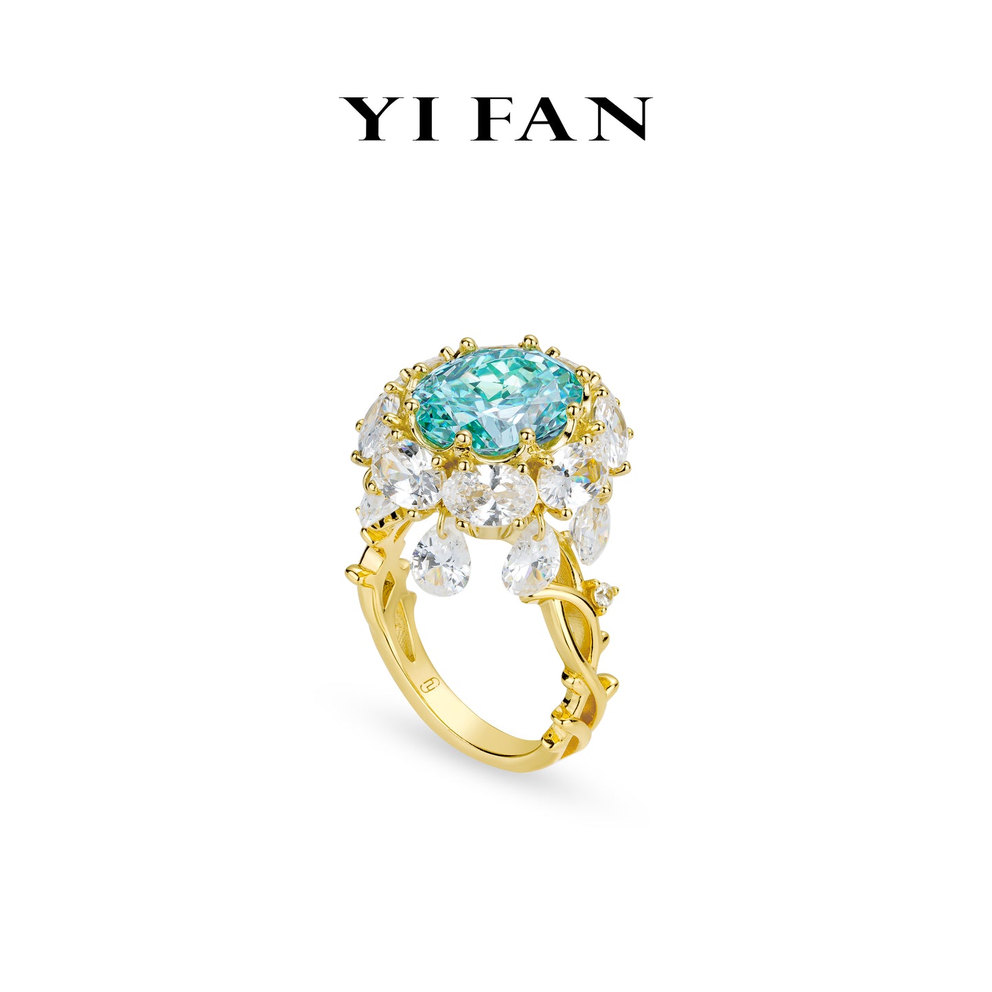 Paraiba Color collection: Luxury "Mint-BlueSea Water-droplets Golden Arm" unique Tassel Ring #1784