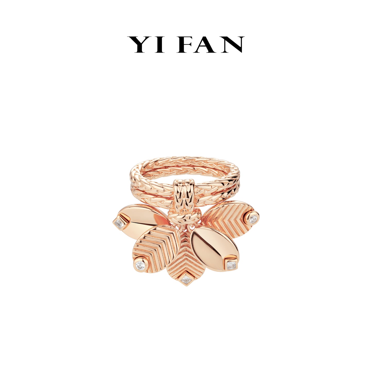 Rose-gold Fever collection: Carved pattern "Rose Petals Dangle" CNC unique band Ring #1813 #05001