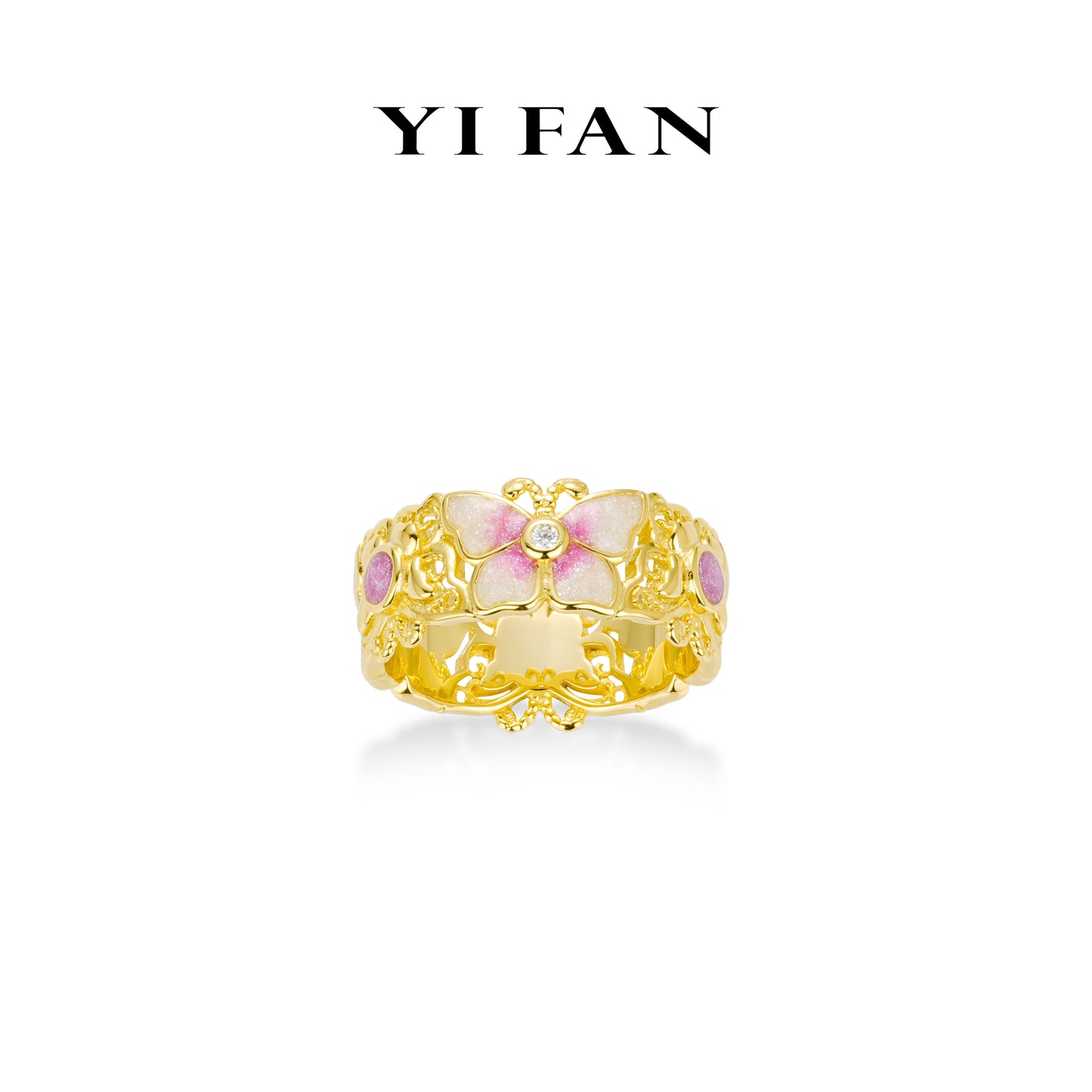 Animal collection: Modern "Hollowed Golden Pink Butterflies" Ming fire enamel Ring #1968