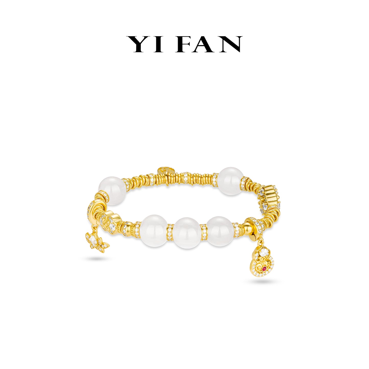 Limited Jade collection: Hand-carved "Jade beads with Treasure Gourd, Lotus, Ruyi, Golden nuggets" detailed Bracelet (Unisex) #4559 #01006