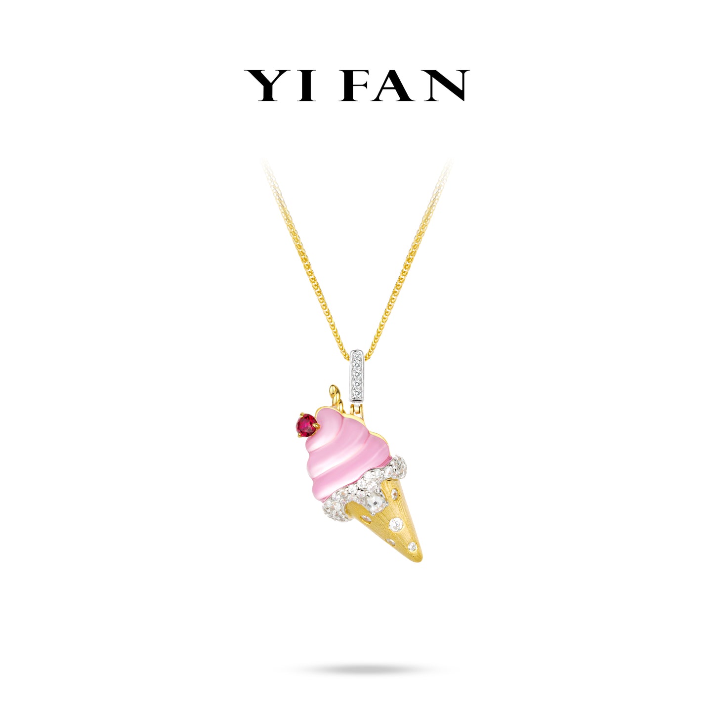 Ruby color collection: Modern "Pink & Red Golden Ice Cream Cone" unique 3D Pendant/Necklace # 20178