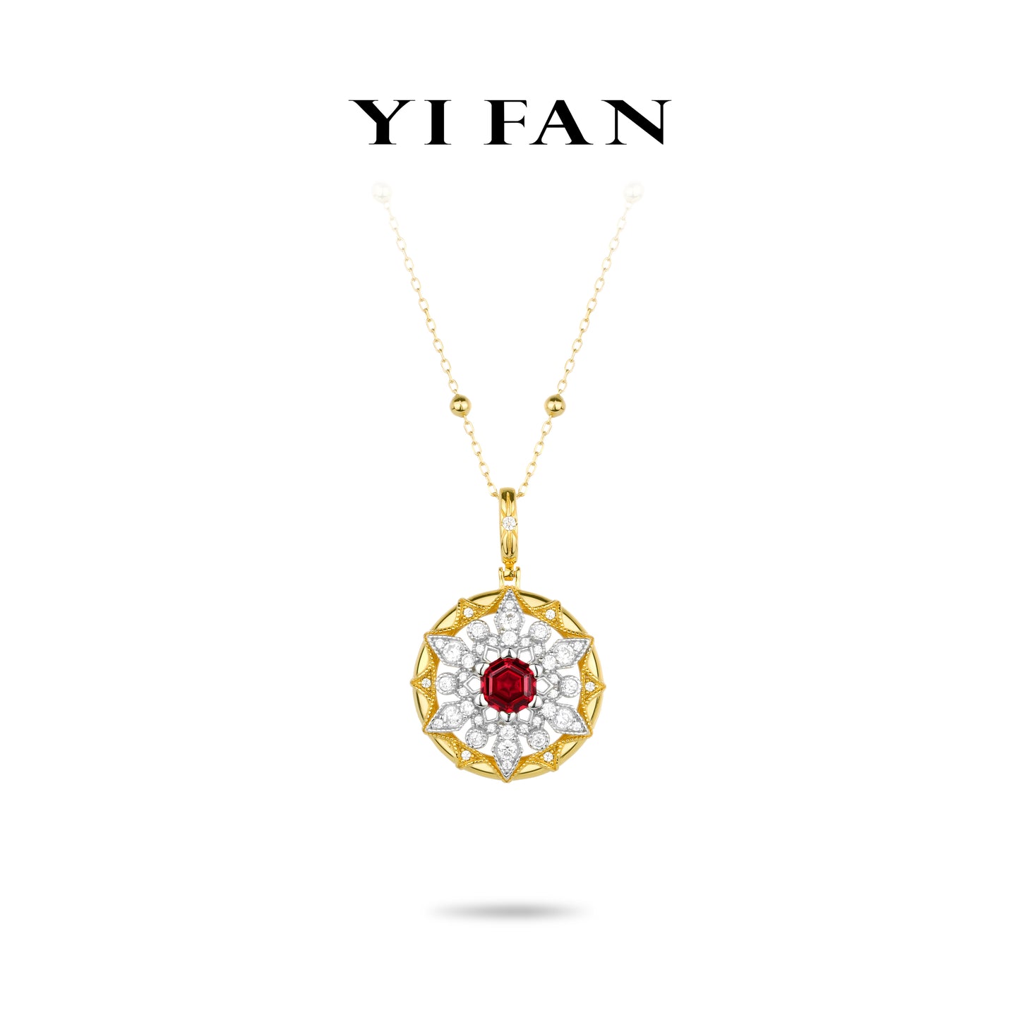 Ruby Color collection: Modern "Ancora Red Hexagon Golden Hollow Sunflower" detailed Pendan/Necklace #20739