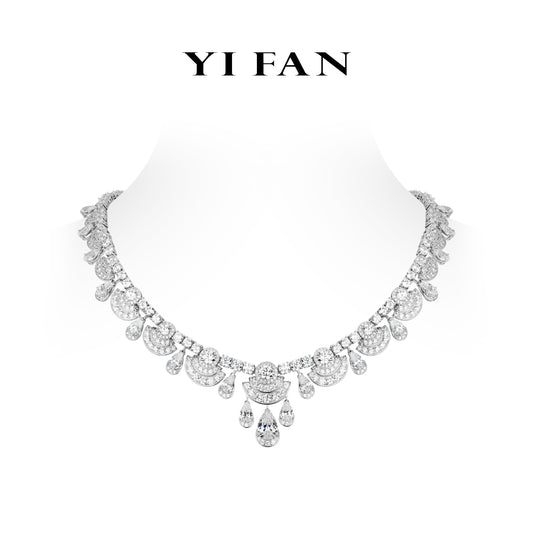 High Jewelry Collection: Luxury "Crown-like Diamond Cascade" detailed Banguet Gala Necklace #20781
