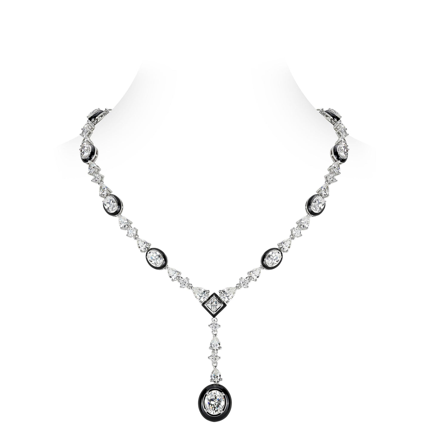 Lab Created Gemstones Black enamel White Necklace 925 sterling silver