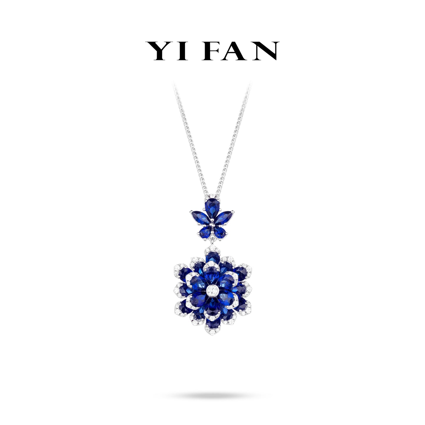 Micro-setting Sapphire color Lab created stones preserved fresh flower necklace, sterling silver #2071 #04005