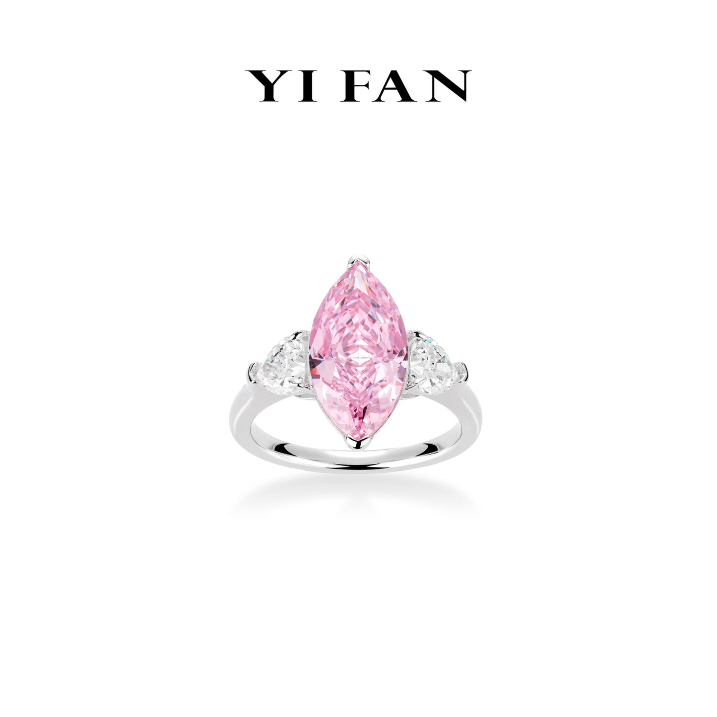 #10146 Lab Created Gemstones Modern "Sakura Pink Marquise Lovers" detailed 3-stones Ring