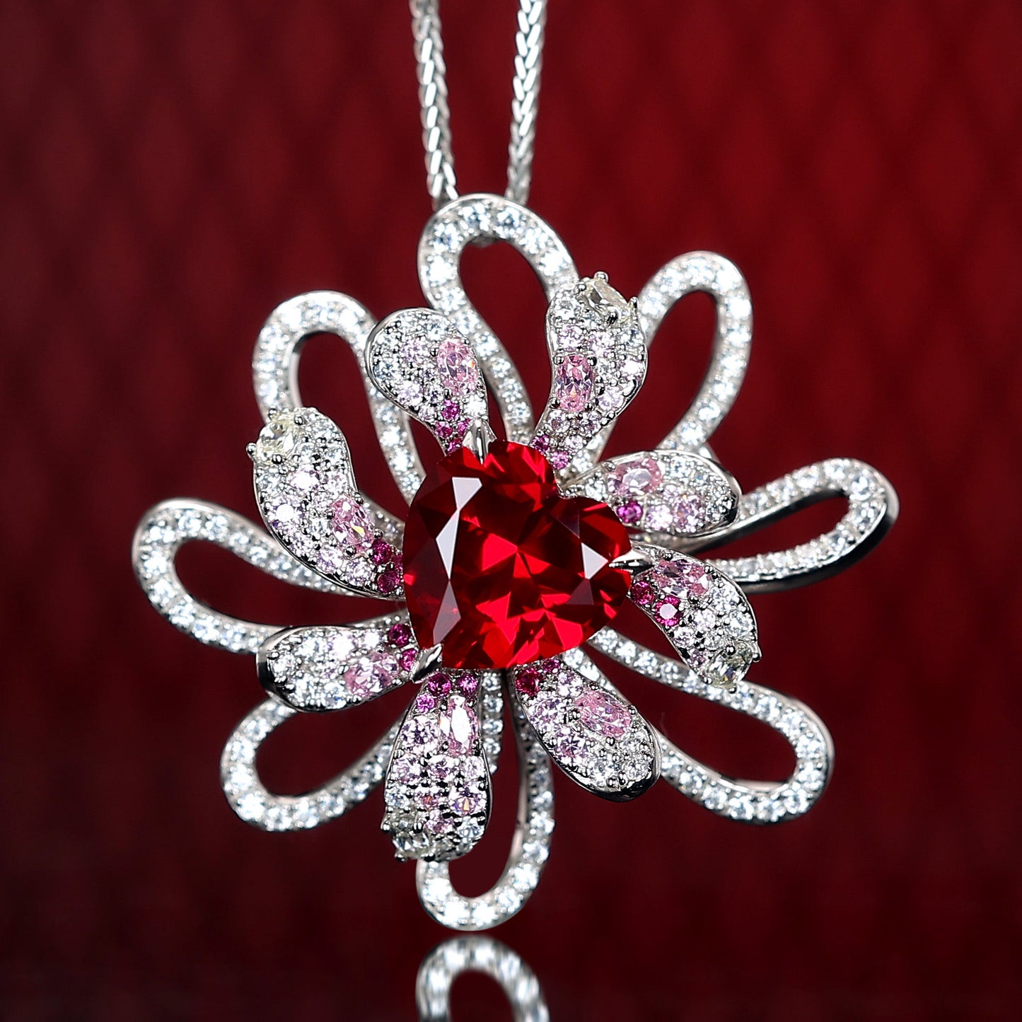 Micro-setting Ruby color Lab created stones Lace heart artistic multi-purpose brooch and pendant, sterling silver