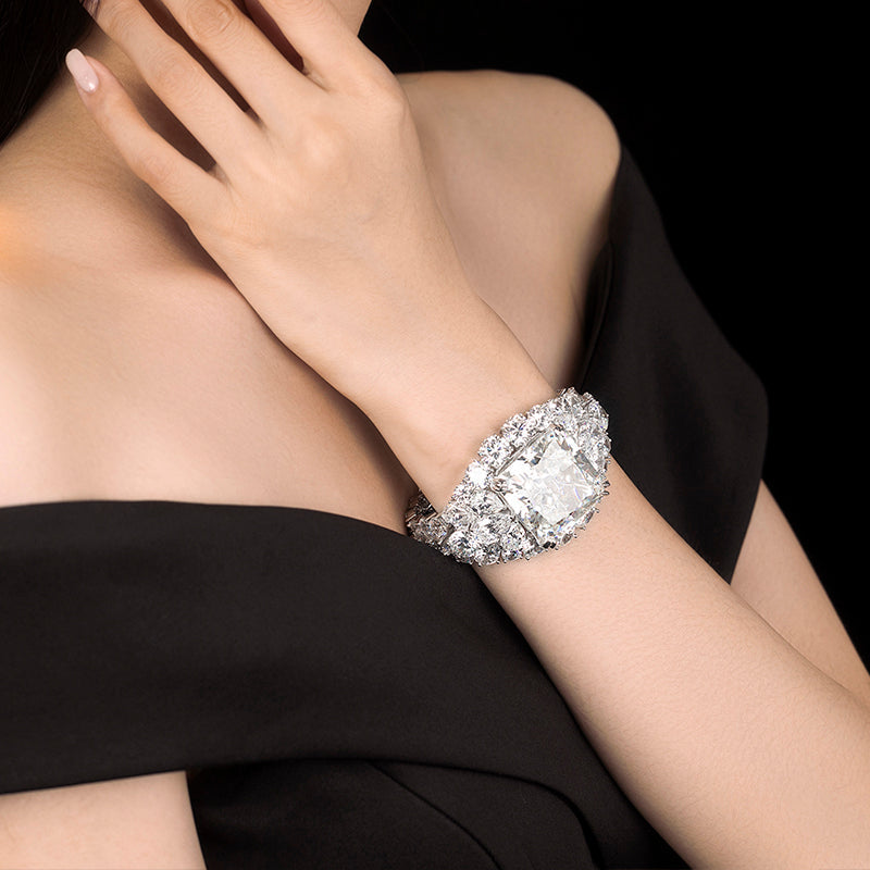 Micro-setting diamond color Lab created stones Brilliant Watch shape fancy bracelet, sterling silver