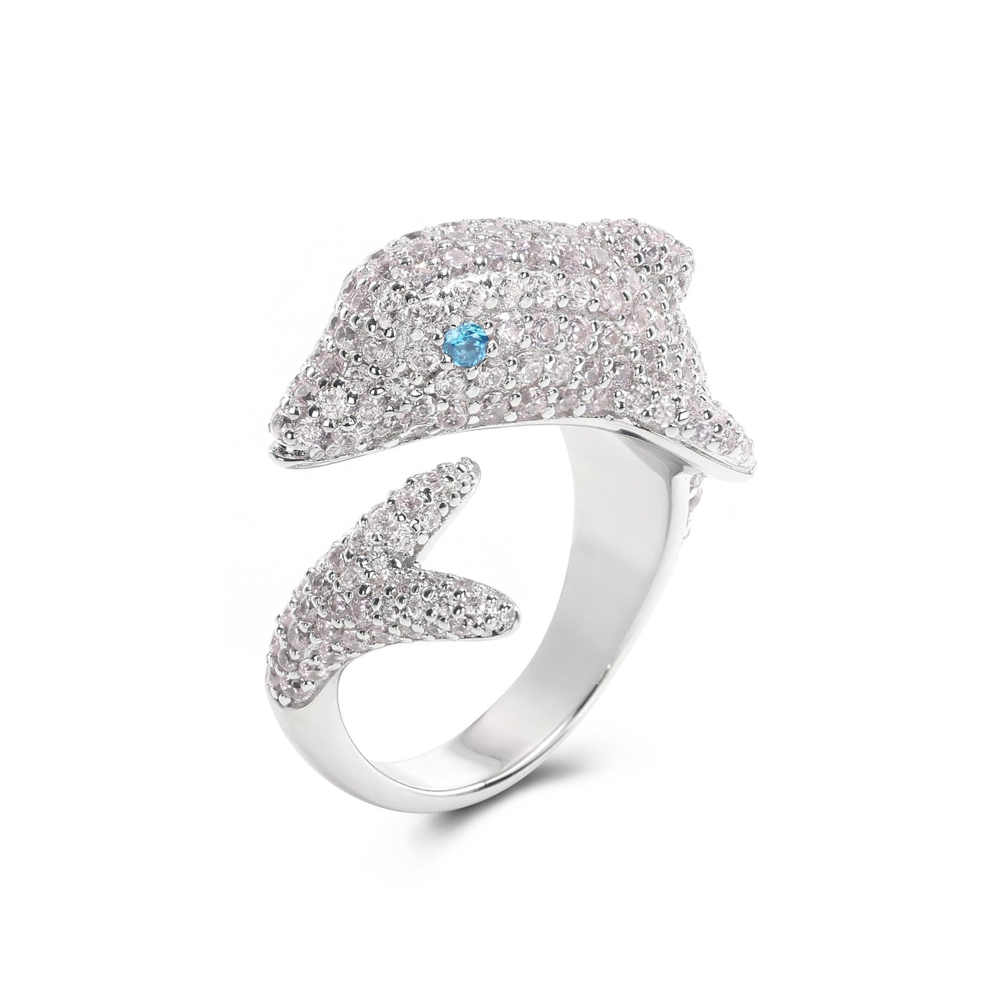Promotional design Micro-setting pink and blue diamond color Lab created stones Romantic Dolphin ring, sterling silver