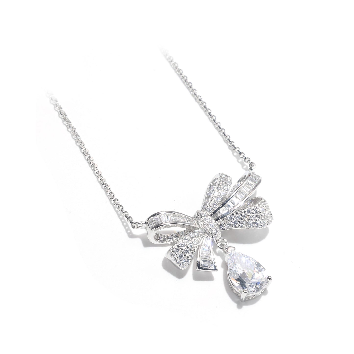 Promotional design Micro-setting Clear diamond color mixed cut lab created stones Bowknot necklace, sterling silver