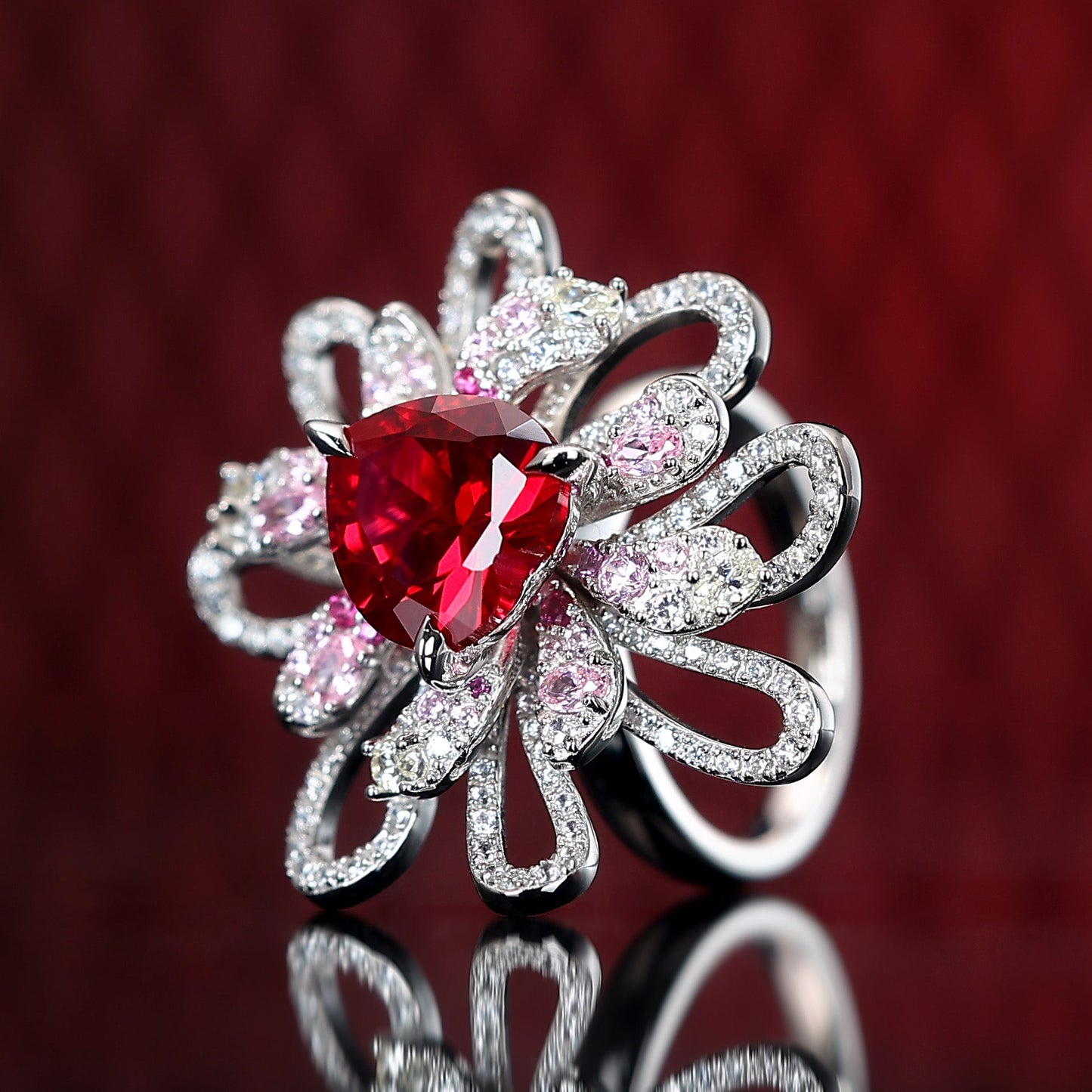 Micro-setting Ruby color Lab created stones Lace heart artistic ring, sterling silver