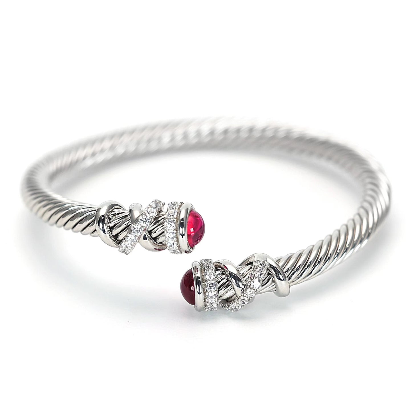 Micro-setting ruby color Lab created stones Modern bangle, sterling silver