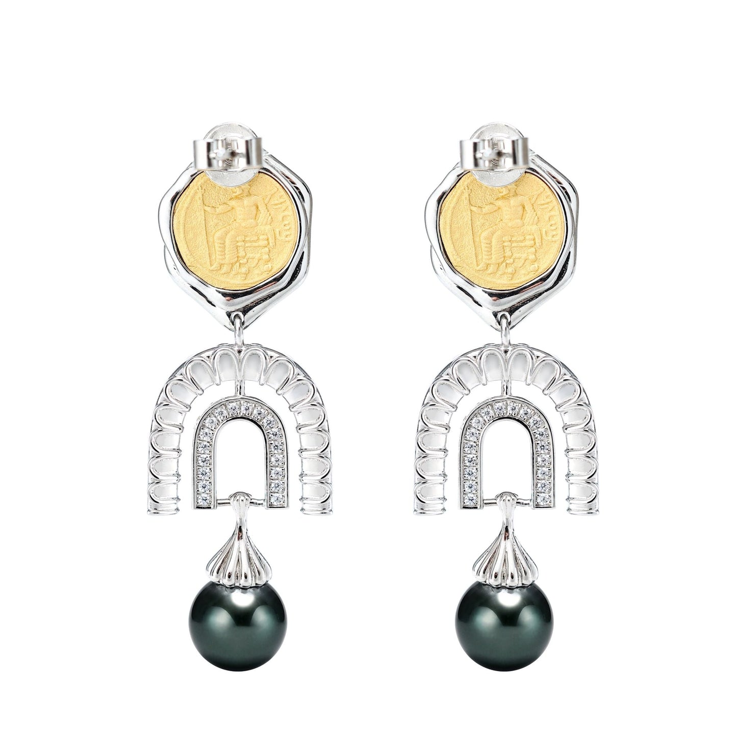 Micro-setting ancient coin Lab created stones Grey shell pearl God of War Ares cage earrings , sterling silver