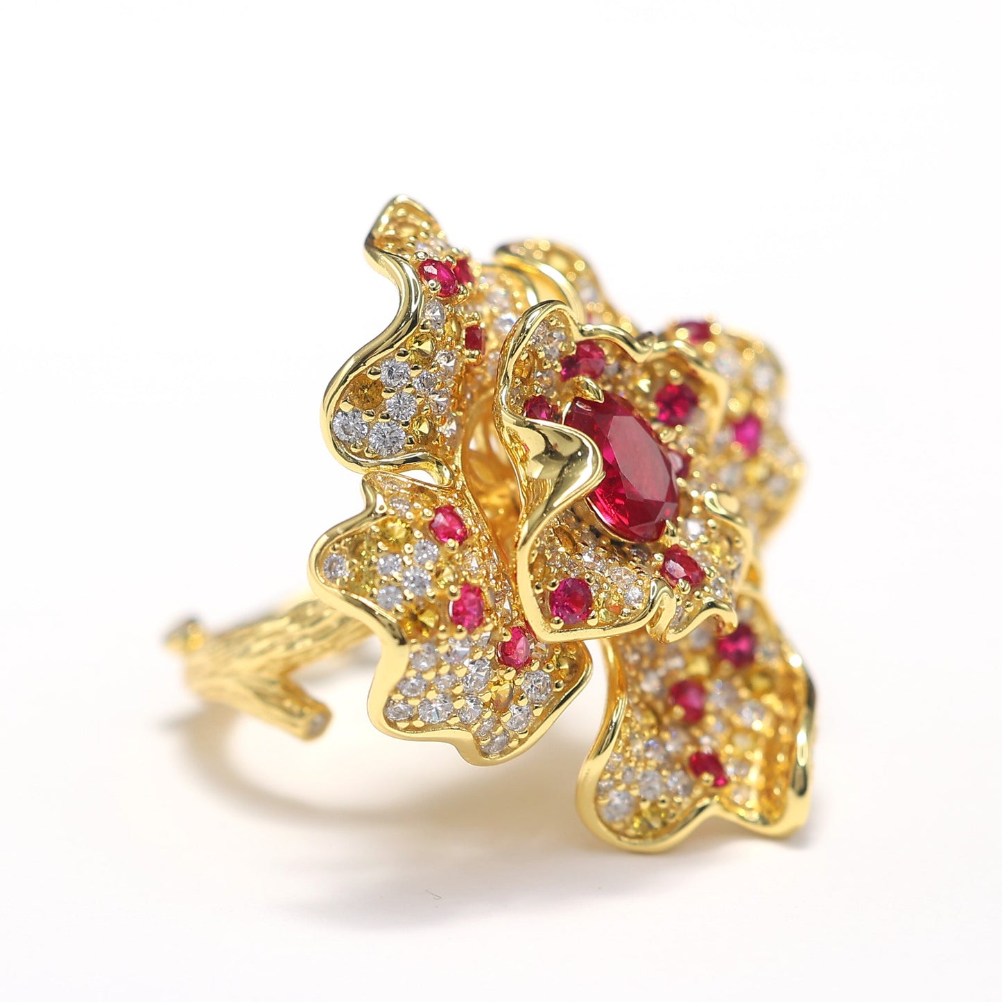 Micro-setting ruby color Lab created stones artistic flower ring, sterling silver
