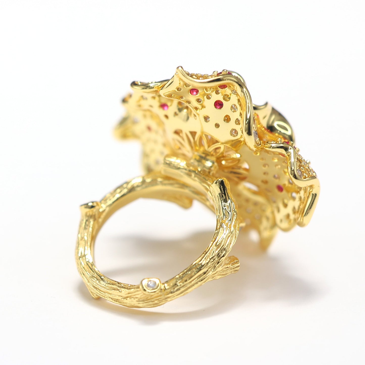 Micro-setting ruby color Lab created stones artistic flower ring, sterling silver