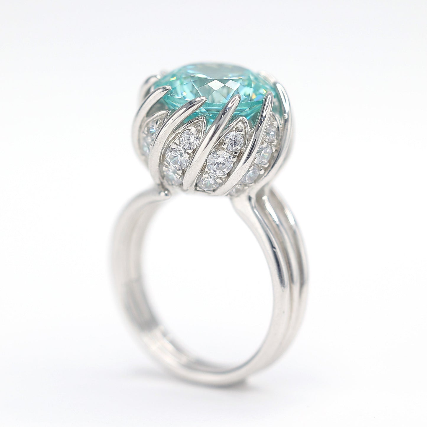 Micro-setting Paraiba color Lab created stones luxurious inlaid Lotus ring, sterling silver