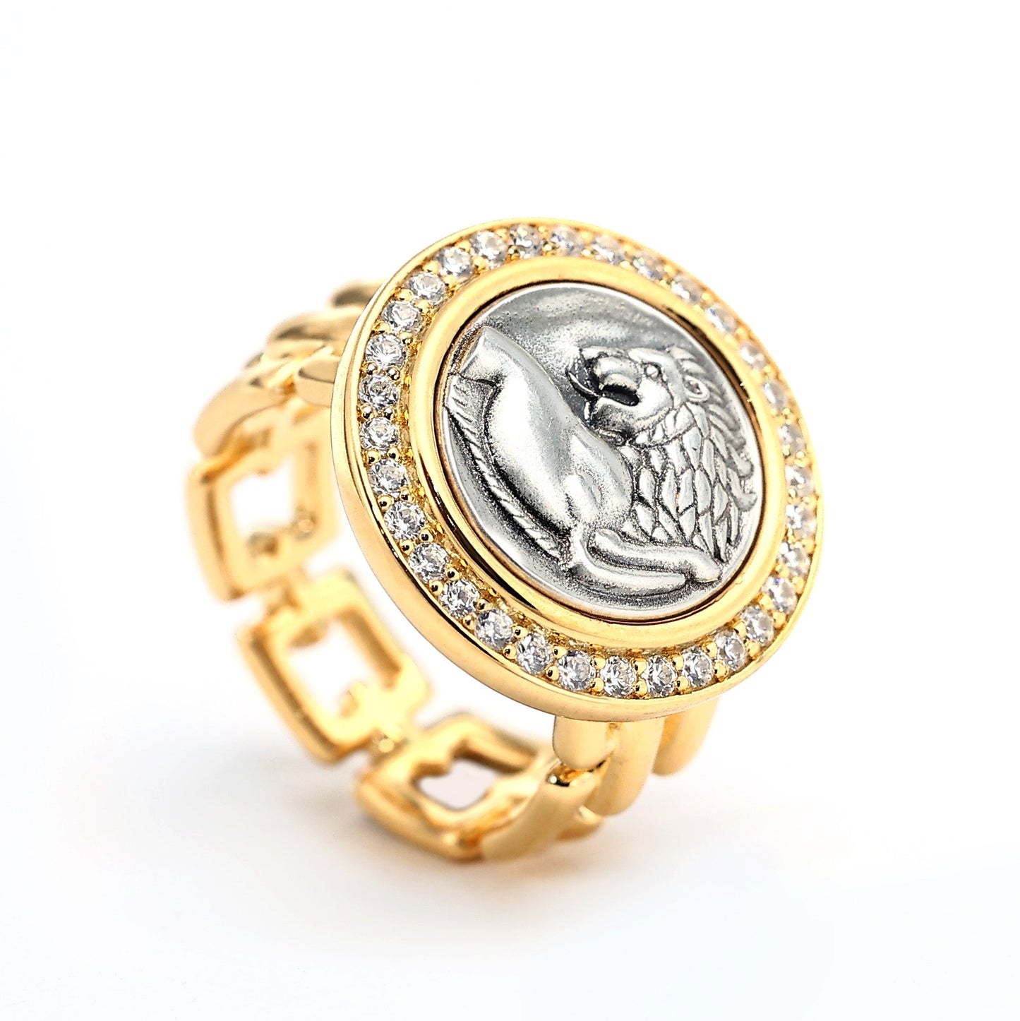 Micro-setting two-sided ancient coin Look back Lion ring, sterling silver