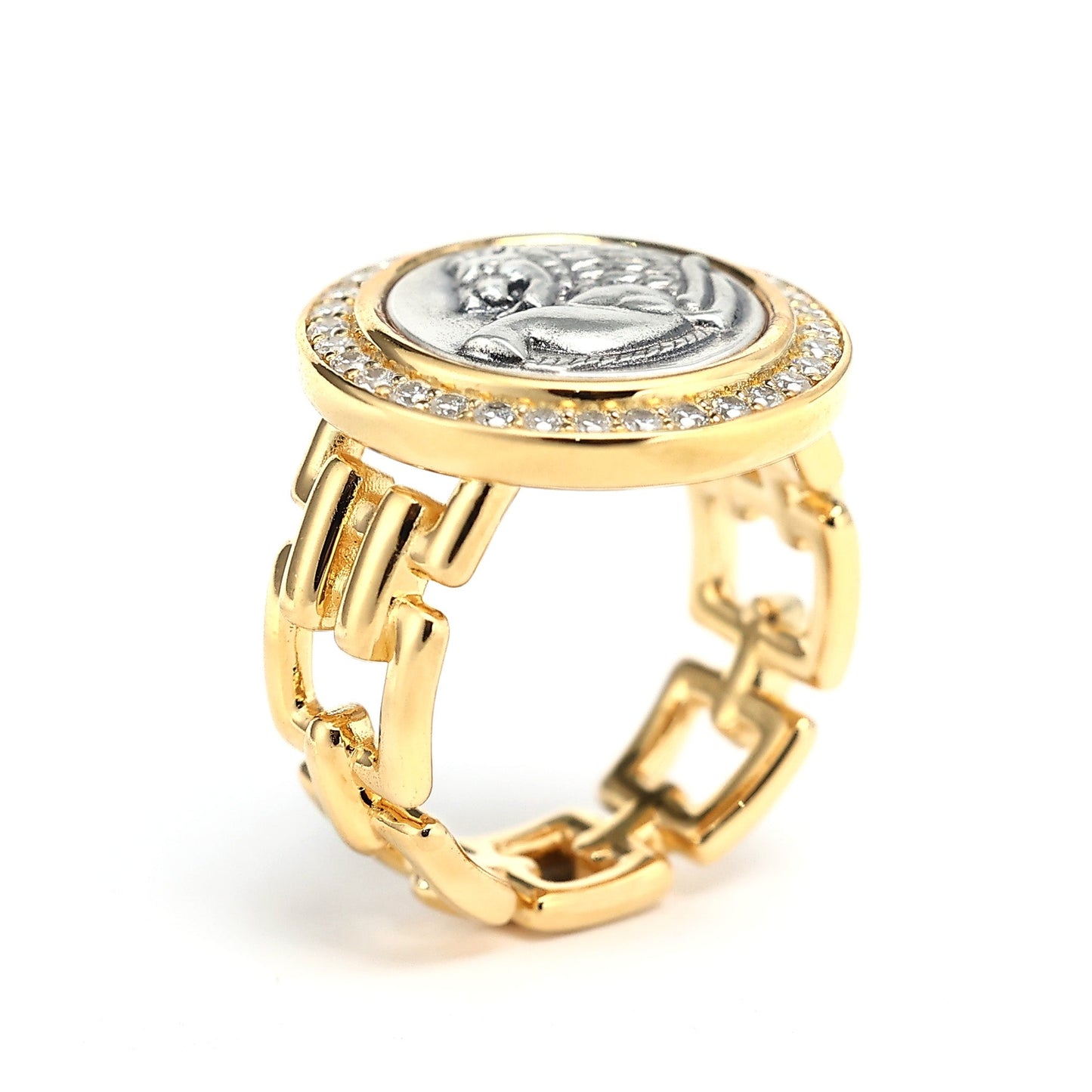 Micro-setting two-sided ancient coin Look back Lion ring, sterling silver