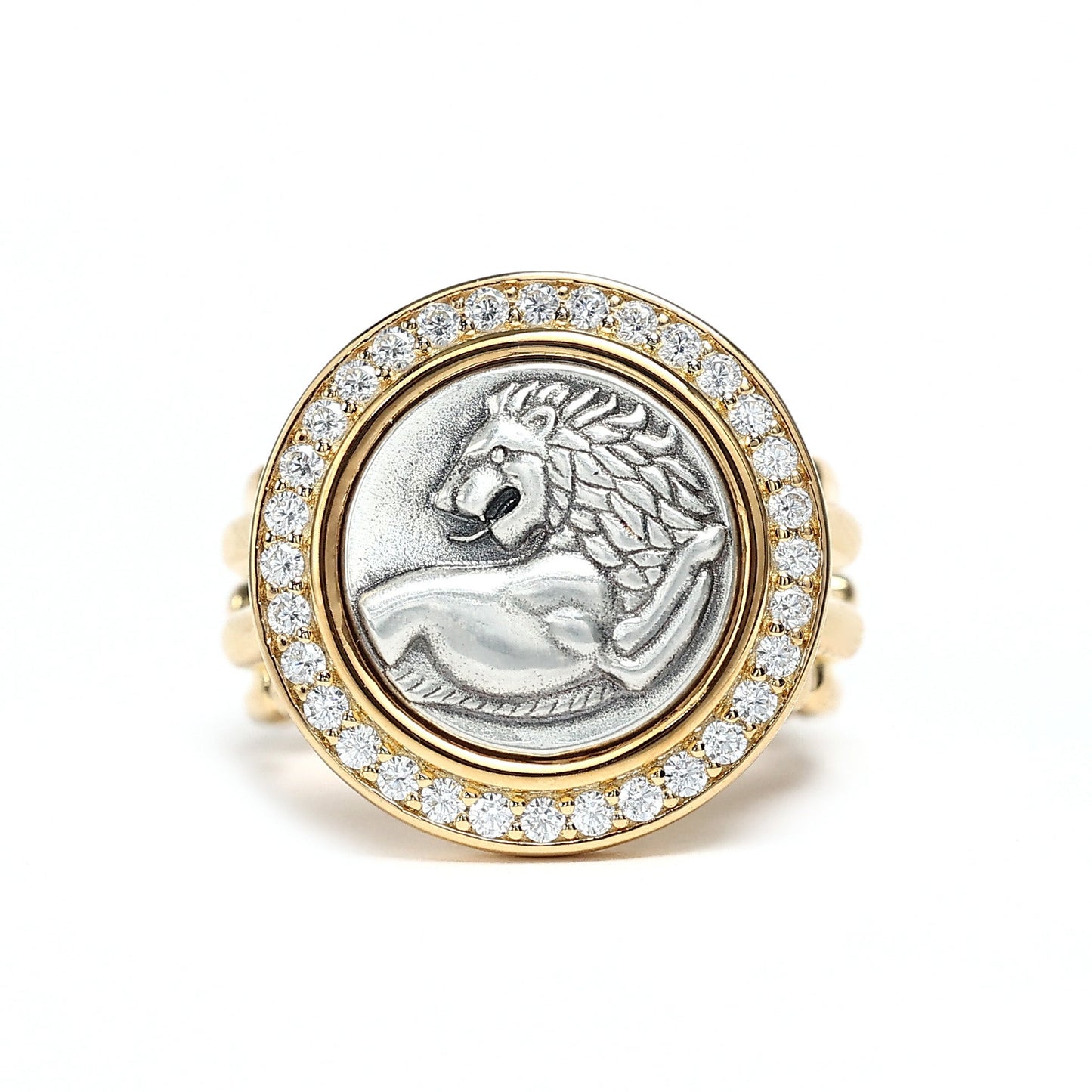 Micro-setting two-sided ancient coin Look back Lion ring, sterling silver