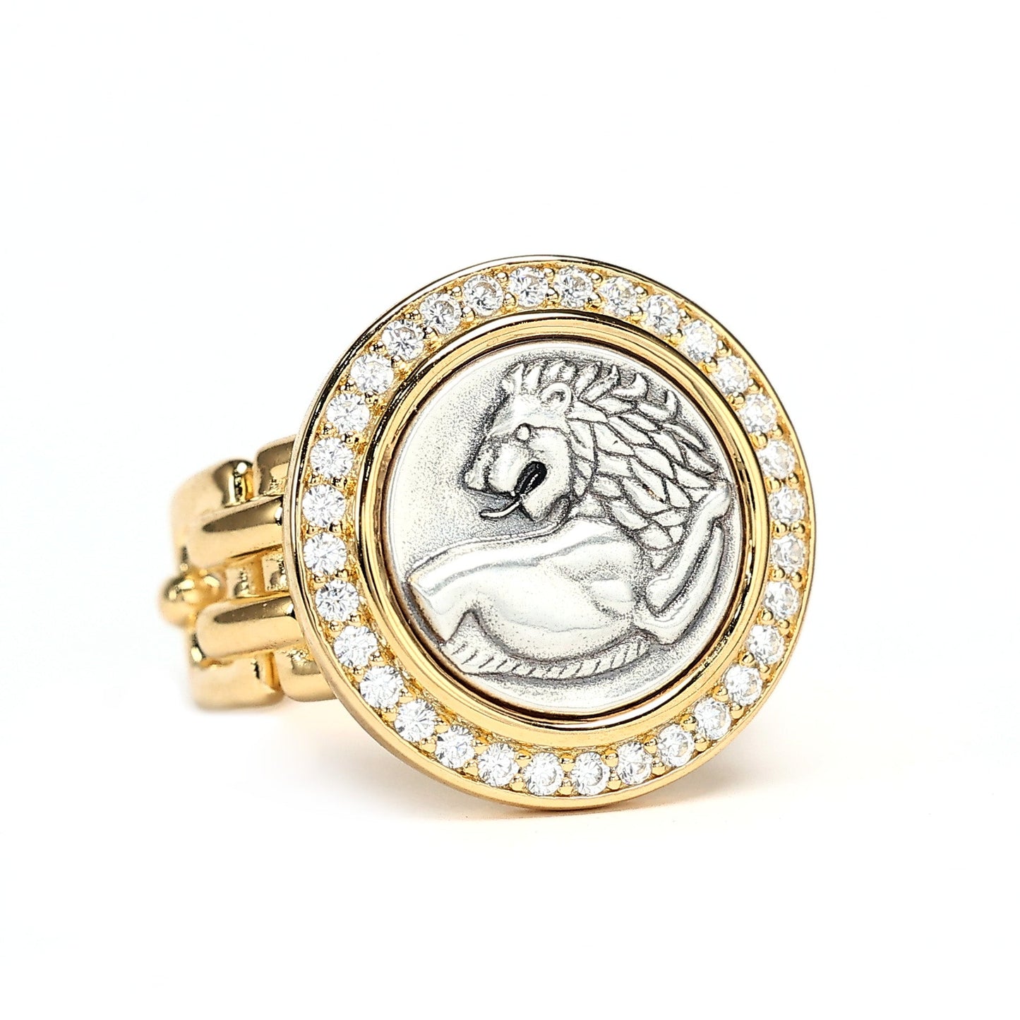 Micro-setting two-sided ancient coin Look back Lion ring, sterling silver
