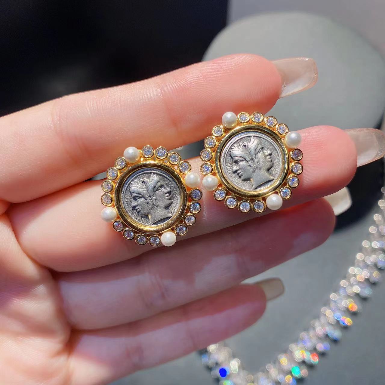 Only 1 Micro-setting two-sided ancient coins Janus earrings,sterling silver