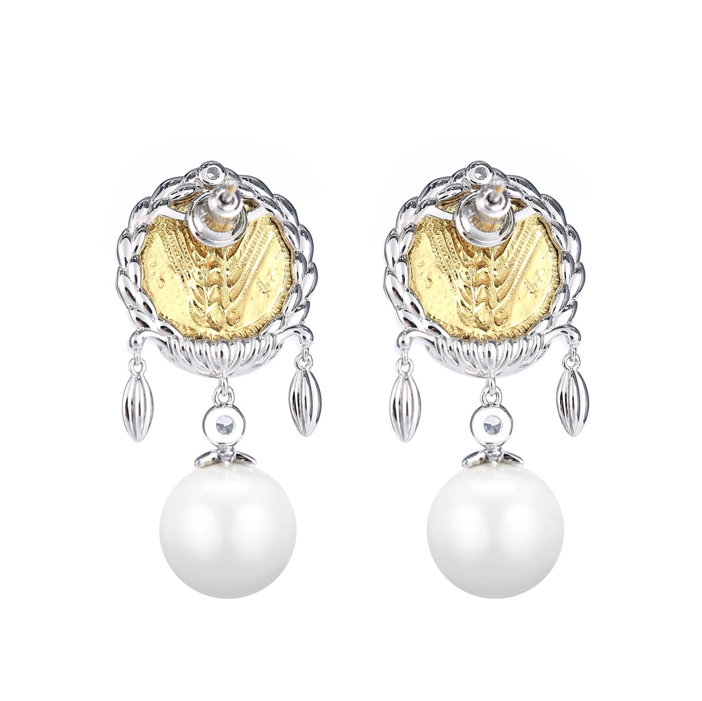Micro-setting two-sided ancient coin White shell pearl grain earrings, sterling silver.