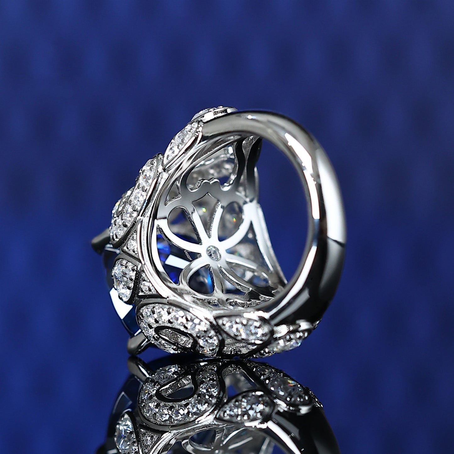 Micro-setting sapphire color square shape Lab created stones The skylight underneath ring, sterling silver #1139