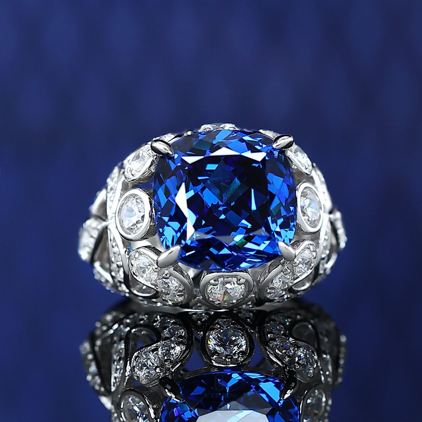 Micro-setting sapphire color square shape Lab created stones The skylight underneath ring, sterling silver #1139