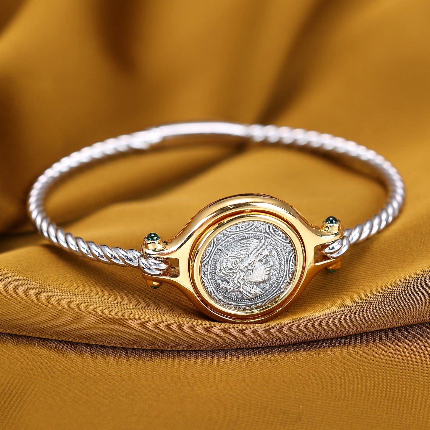 Micro-setting two-sided ancient coin Lab created stones Goddess of the Moon Artemis bangle, sterling silver. double platting