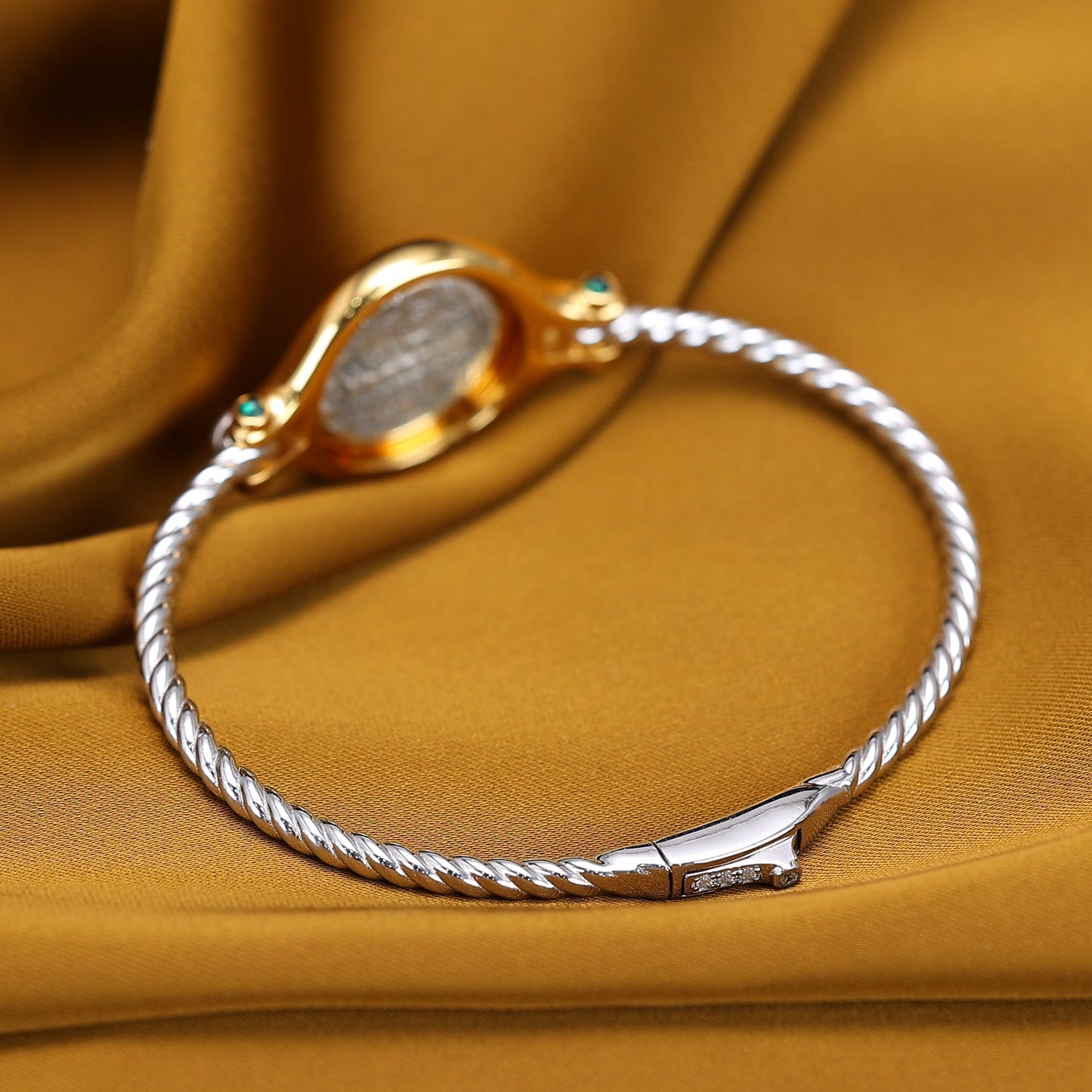 Micro-setting two-sided ancient coin Lab created stones Goddess of the Moon Artemis bangle, sterling silver. double platting