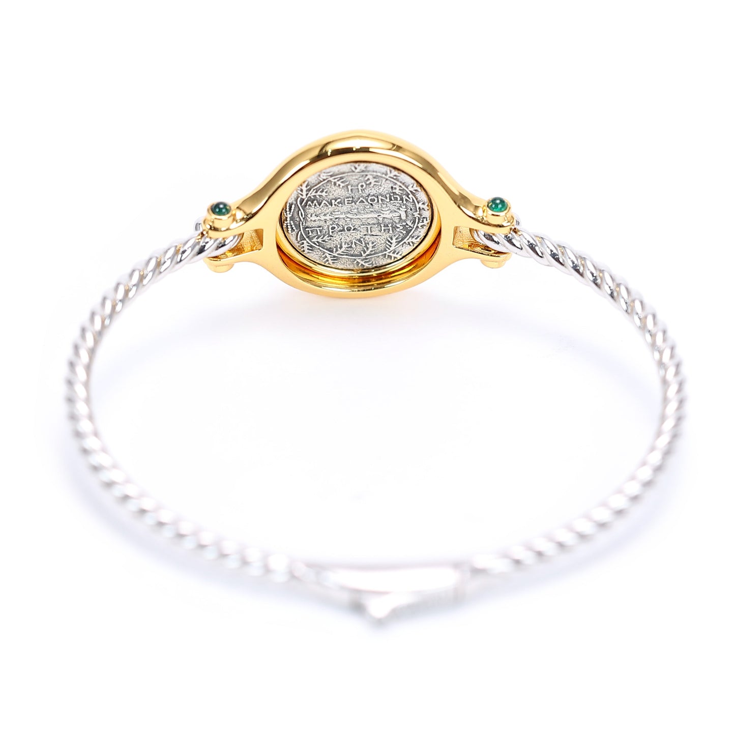 Micro-setting two-sided ancient coin Lab created stones Goddess of the Moon Artemis bangle, sterling silver. double platting