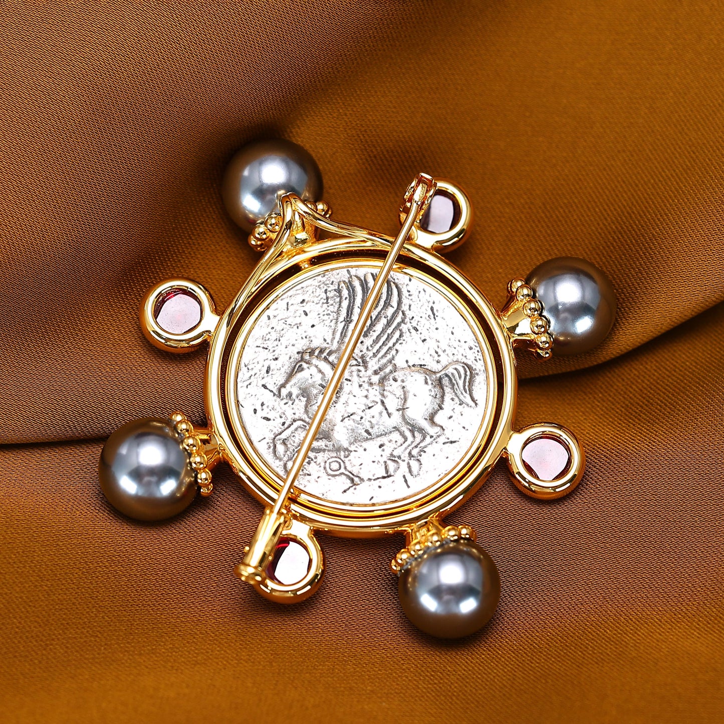 Multipurpose Micro-setting Ruby color Lab created stones two-sided ancient coins rotate Athena pendant and brooch, sterling silver