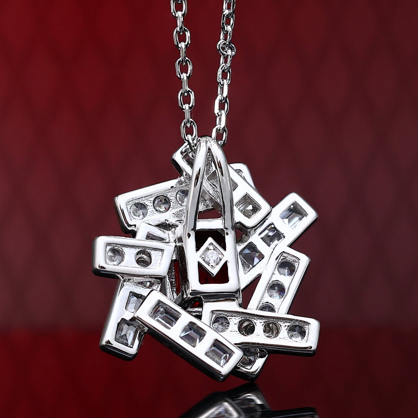 Sepcial offer Micro-setting Ruby color Lab created stones Edges and corners irregular necklace, sterling silver