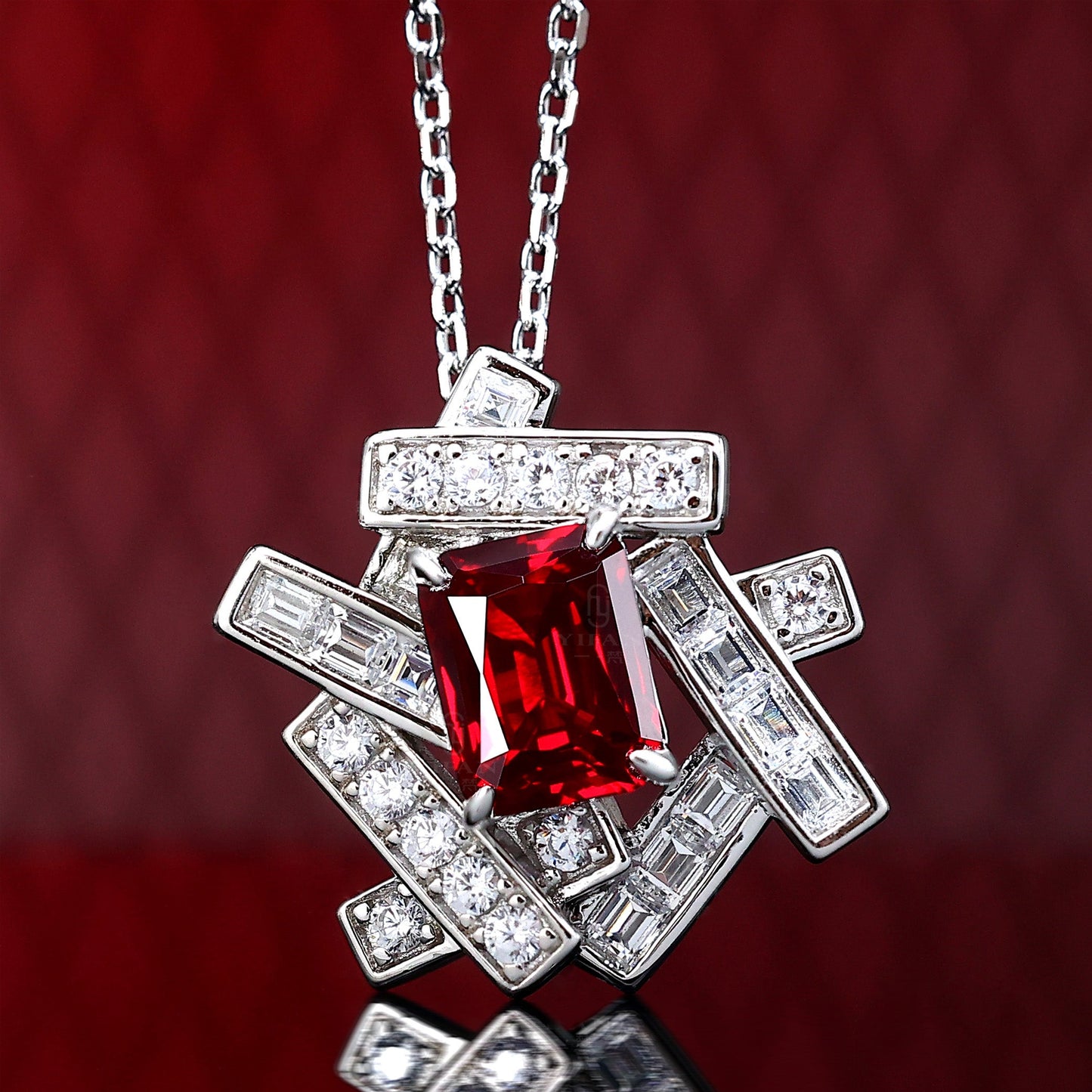 Sepcial offer Micro-setting Ruby color Lab created stones Edges and corners irregular necklace, sterling silver
