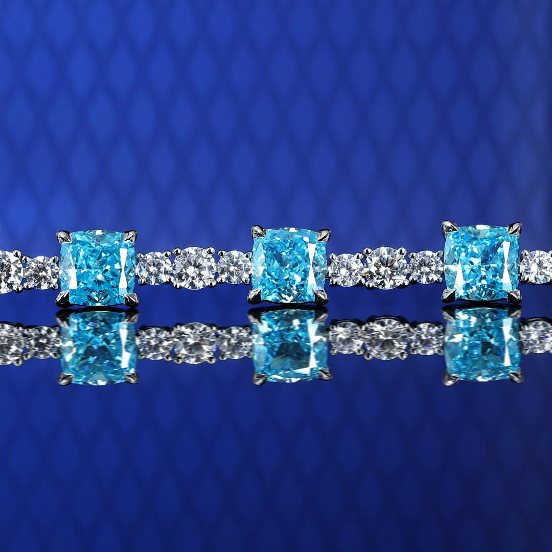 Micro-setting Aquamarine color Lab created stones The city of the sky bracelet, sterling silver.