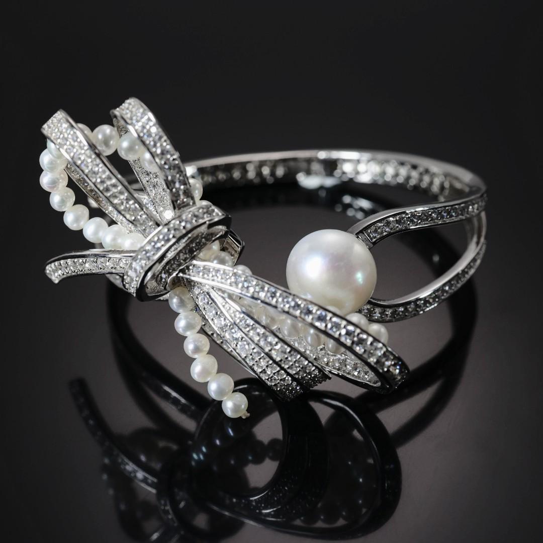 Special offer Micro-setting Lab created stones White pearl bowknot detailed bangle , sterling silver.