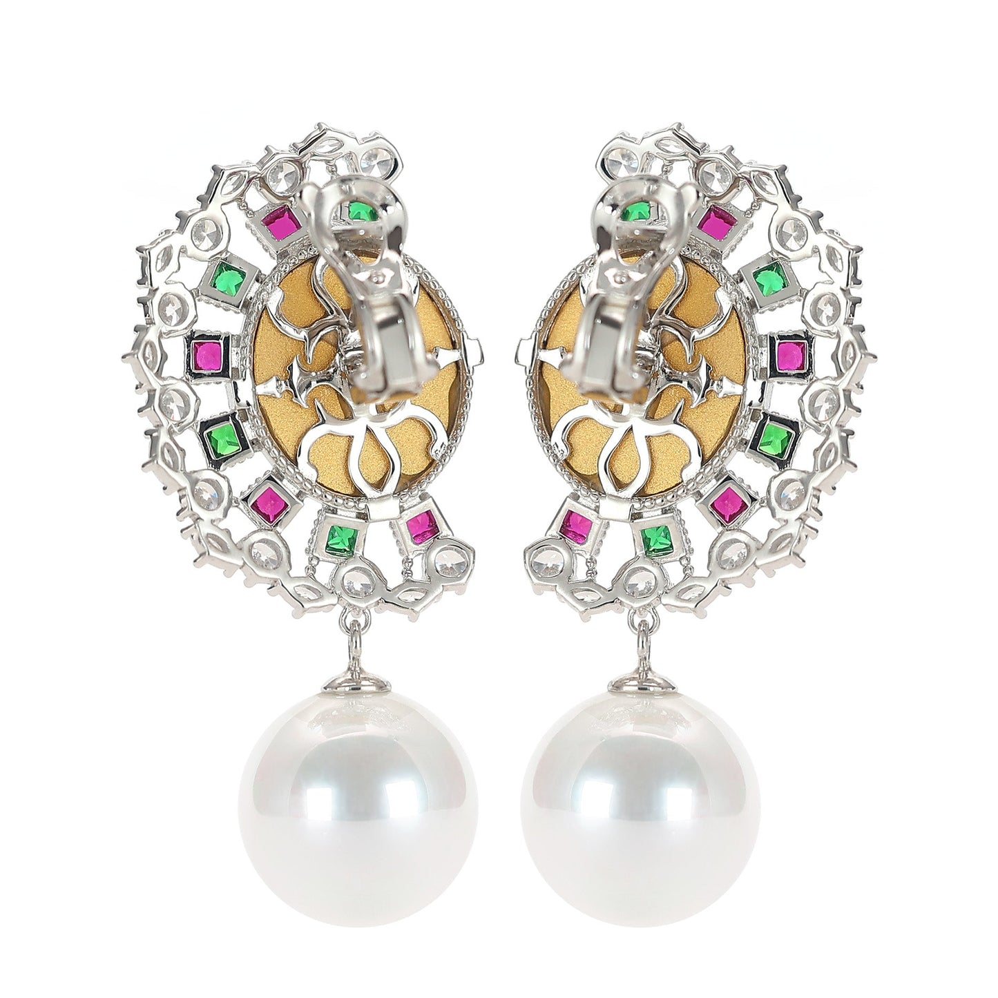 Micro-setting ancient coin Lab created stones White shell pearl LIBERAL EAGLE earrings, sterling silver.