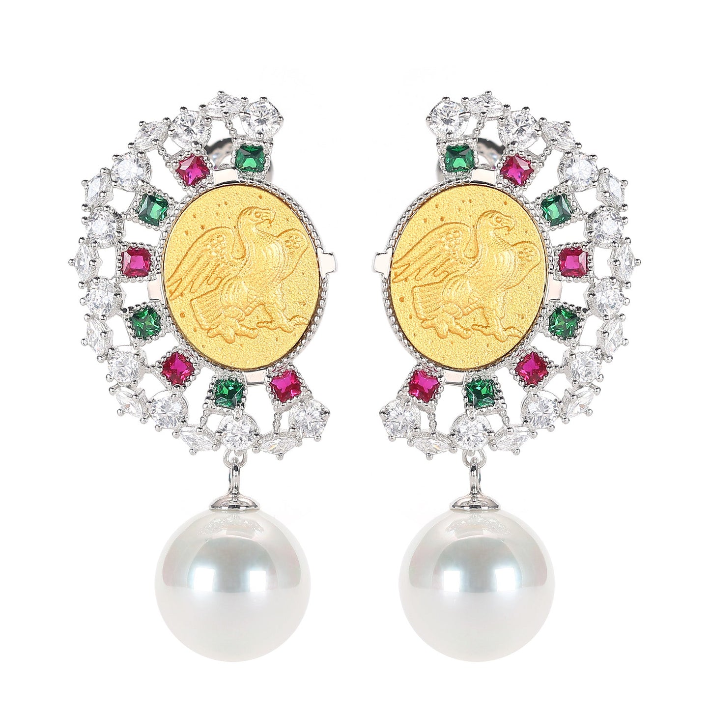 Micro-setting ancient coin Lab created stones White shell pearl LIBERAL EAGLE earrings, sterling silver.