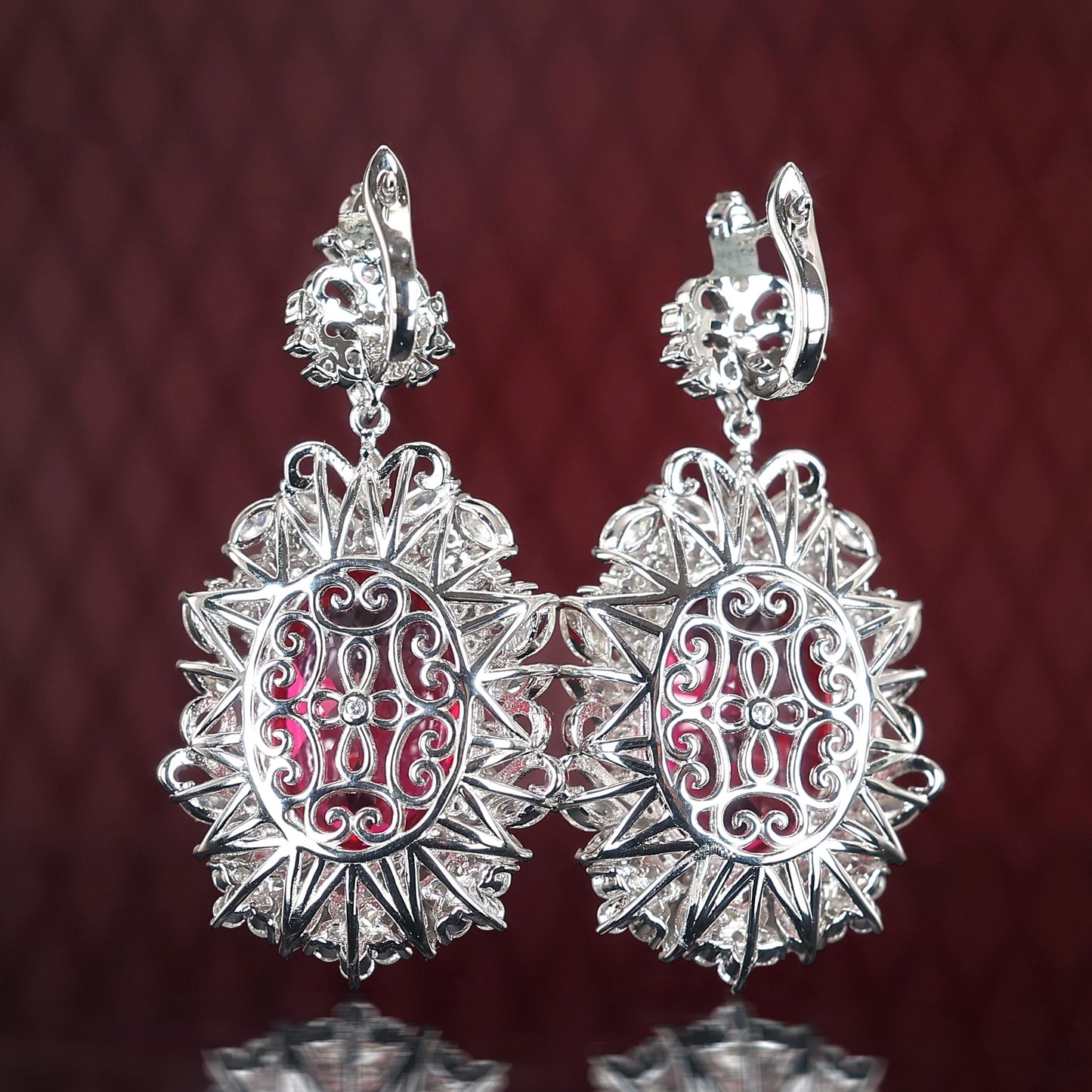 Micro-setting Ruby color Lab created stones Oval shape detailed lace earrings, sterling silver.