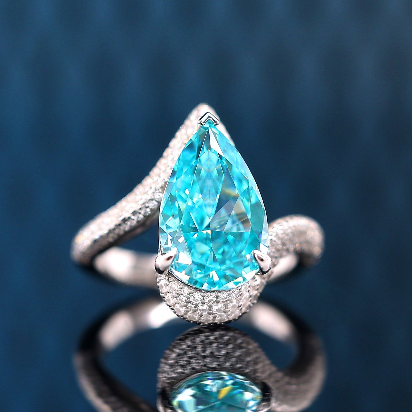 Micro-setting Paraiba color Lab created stones detailed teardrop ring (13 carat)