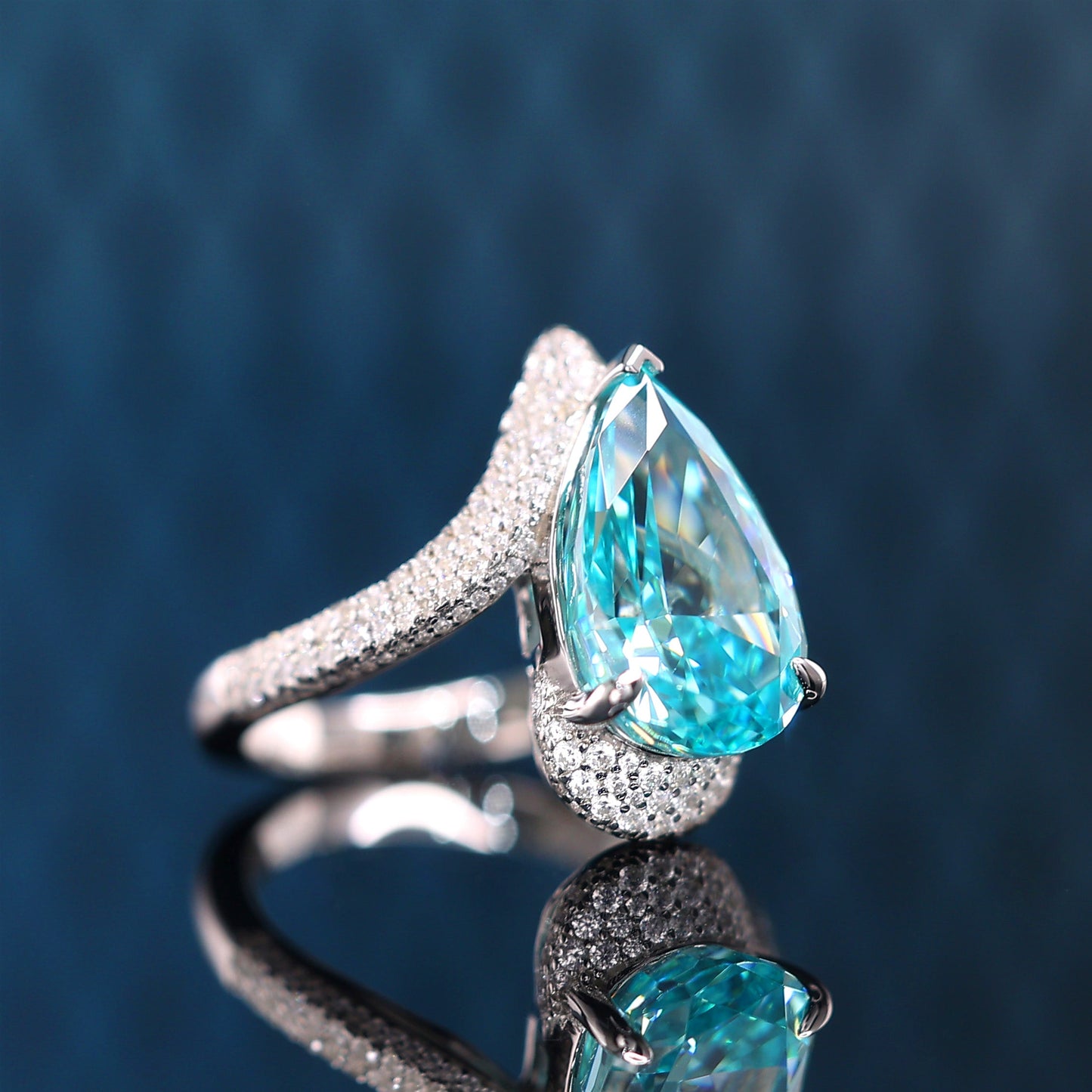 Micro-setting Paraiba color Lab created stones detailed teardrop ring (13 carat)